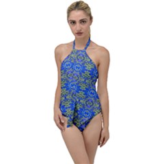 Gold And Blue Fancy Ornate Pattern Go With The Flow One Piece Swimsuit by dflcprintsclothing