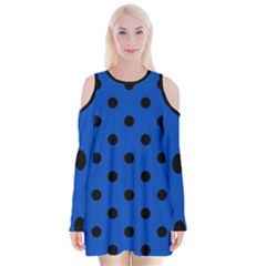 Large Black Polka Dots On Absolute Zero Blue - Velvet Long Sleeve Shoulder Cutout Dress by FashionLane