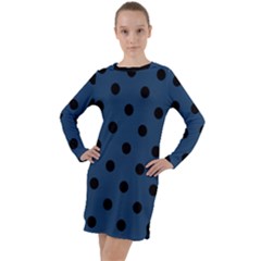 Large Black Polka Dots On Aegean Blue - Long Sleeve Hoodie Dress by FashionLane