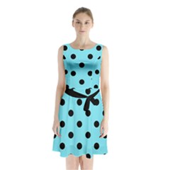 Large Black Polka Dots On Arctic Blue - Sleeveless Waist Tie Chiffon Dress by FashionLane