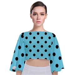 Large Black Polka Dots On Arctic Blue - Tie Back Butterfly Sleeve Chiffon Top by FashionLane