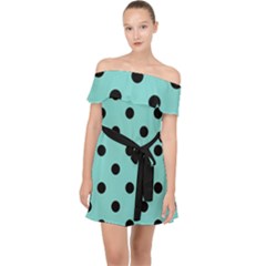 Large Black Polka Dots On Tiffany Blue - Off Shoulder Chiffon Dress by FashionLane