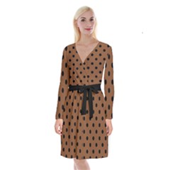 Large Black Polka Dots On Caramel Cafe Brown - Long Sleeve Velvet Front Wrap Dress by FashionLane