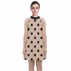 Large Black Polka Dots On Toasted Almond Brown - Velvet Halter Neckline Dress  by FashionLane