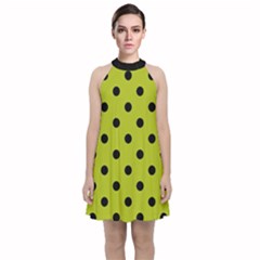 Large Black Polka Dots On Acid Green - Velvet Halter Neckline Dress  by FashionLane