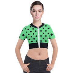 Large Black Polka Dots On Algae Green - Short Sleeve Cropped Jacket by FashionLane