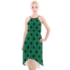 Large Black Polka Dots On Cadmium Green - High-low Halter Chiffon Dress  by FashionLane