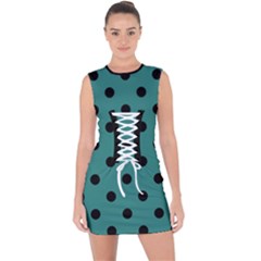 Large Black Polka Dots On Celadon Green - Lace Up Front Bodycon Dress by FashionLane