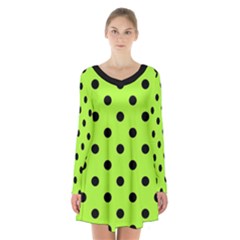 Large Black Polka Dots On Chartreuse Green - Long Sleeve Velvet V-neck Dress by FashionLane