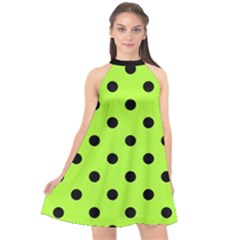 Large Black Polka Dots On Chartreuse Green - Halter Neckline Chiffon Dress  by FashionLane