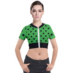 Large Black Polka Dots On Just Green - Short Sleeve Cropped Jacket by FashionLane
