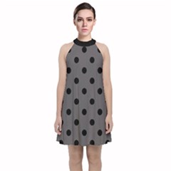 Large Black Polka Dots On Carbon Grey - Velvet Halter Neckline Dress  by FashionLane