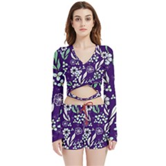 Floral Blue Pattern Velvet Wrap Crop Top And Shorts Set by MintanArt