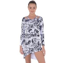 Black And White Graffiti Abstract Collage Asymmetric Cut-out Shift Dress by dflcprintsclothing
