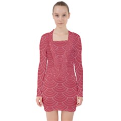 Red Sashiko V-neck Bodycon Long Sleeve Dress by goljakoff