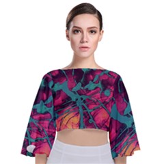 Pink And Turquoise Alcohol Ink Tie Back Butterfly Sleeve Chiffon Top by Dazzleway