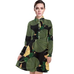 Tropical Vintage Yellow Hibiscus Floral Green Leaves Seamless Pattern Black Background  Long Sleeve Chiffon Shirt Dress by Sobalvarro