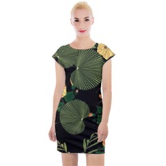 Tropical Vintage Yellow Hibiscus Floral Green Leaves Seamless Pattern Black Background  Cap Sleeve Bodycon Dress by Sobalvarro