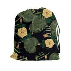 Tropical Vintage Yellow Hibiscus Floral Green Leaves Seamless Pattern Black Background  Drawstring Pouch (2xl) by Sobalvarro