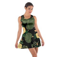 Tropical Vintage Yellow Hibiscus Floral Green Leaves Seamless Pattern Black Background  Cotton Racerback Dress by Sobalvarro
