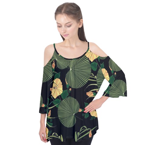 Tropical Vintage Yellow Hibiscus Floral Green Leaves Seamless Pattern Black Background  Flutter Tees by Sobalvarro