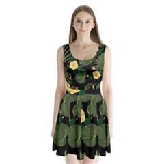 Tropical Vintage Yellow Hibiscus Floral Green Leaves Seamless Pattern Black Background  Split Back Mini Dress  by Sobalvarro