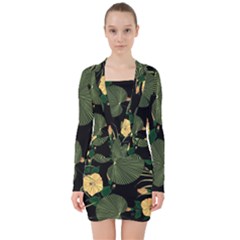 Tropical Vintage Yellow Hibiscus Floral Green Leaves Seamless Pattern Black Background  V-neck Bodycon Long Sleeve Dress by Sobalvarro
