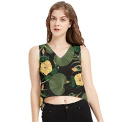 Tropical Vintage Yellow Hibiscus Floral Green Leaves Seamless Pattern Black Background  V-neck Cropped Tank Top by Sobalvarro