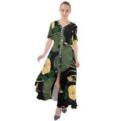 Tropical Vintage Yellow Hibiscus Floral Green Leaves Seamless Pattern Black Background  Waist Tie Boho Maxi Dress by Sobalvarro