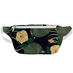 Tropical Vintage Yellow Hibiscus Floral Green Leaves Seamless Pattern Black Background  Waist Bag  by Sobalvarro