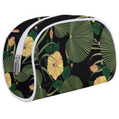 Tropical Vintage Yellow Hibiscus Floral Green Leaves Seamless Pattern Black Background  Make Up Case (medium) by Sobalvarro