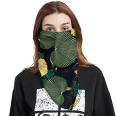 Tropical Vintage Yellow Hibiscus Floral Green Leaves Seamless Pattern Black Background  Face Covering Bandana (triangle) by Sobalvarro