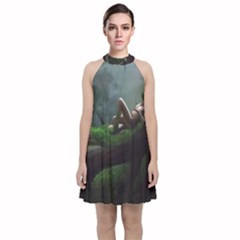 Wooden Child Resting On A Tree From Fonebook Velvet Halter Neckline Dress  by 2853937