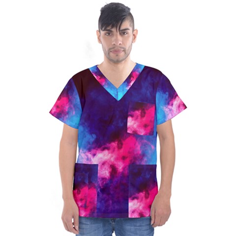 Colorful Pink And Blue Disco Smoke - Mist, Digital Art Men s V-neck Scrub Top by picsaspassion
