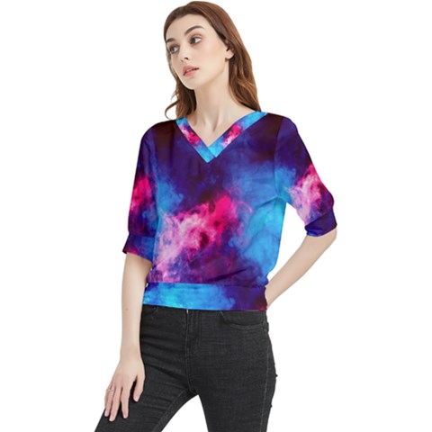 Colorful Pink And Blue Disco Smoke - Mist, Digital Art Quarter Sleeve Blouse by picsaspassion