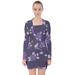 Purple Flowers V-neck Bodycon Long Sleeve Dress by goljakoff