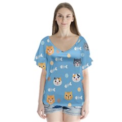Cute Cat Pattern V-neck Flutter Sleeve Top by ExtraAwesomeSauce