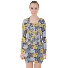 Cute Cat Pattern V-neck Bodycon Long Sleeve Dress by ExtraAwesomeSauce