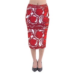Red Ethnic Flowers Velvet Midi Pencil Skirt by Eskimos