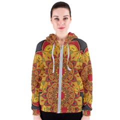 Mandela Flower Orange And Red Women s Zipper Hoodie by ExtraAwesomeSauce