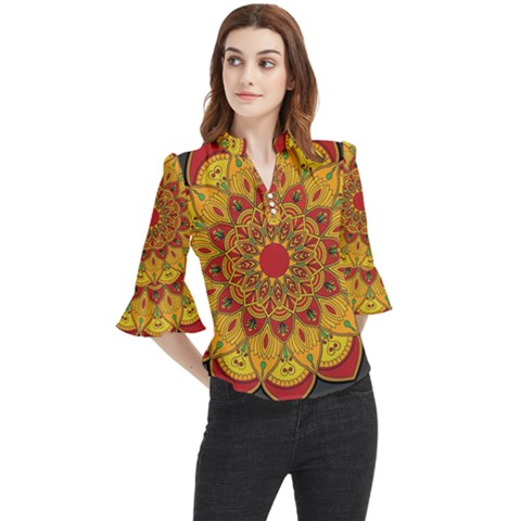 Mandela Flower Orange And Red Loose Horn Sleeve Chiffon Blouse by ExtraAwesomeSauce