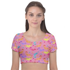 Watercolor Cats Pattern Velvet Short Sleeve Crop Top  by ExtraAwesomeSauce