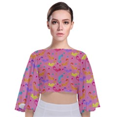 Watercolor Cats Pattern Tie Back Butterfly Sleeve Chiffon Top by ExtraAwesomeSauce