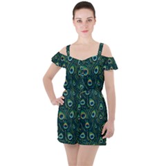 Watercolor Peacock Feather Pattern Ruffle Cut Out Chiffon Playsuit by ExtraAwesomeSauce