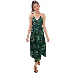 Watercolor Peacock Feather Pattern Halter Tie Back Dress  by ExtraAwesomeSauce