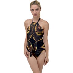 Black And Gold Abstract Line Art Pattern Go With The Flow One Piece Swimsuit by CrypticFragmentsDesign