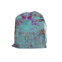 Retro Hippie Abstract Floral Blue Violet Drawstring Pouch (large) by CrypticFragmentsDesign
