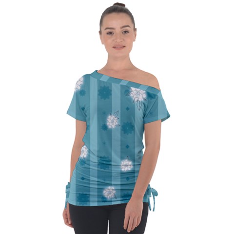 Gardenia Flowers White Blue Off Shoulder Tie-up Tee by Dutashop