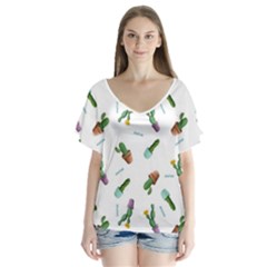 Cacti In Pots V-neck Flutter Sleeve Top by SychEva
