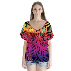 Abstract Jungle V-neck Flutter Sleeve Top by icarusismartdesigns